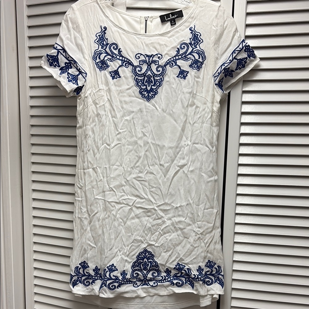 Lulu's White and Blue Embroidered Dress: Santorini